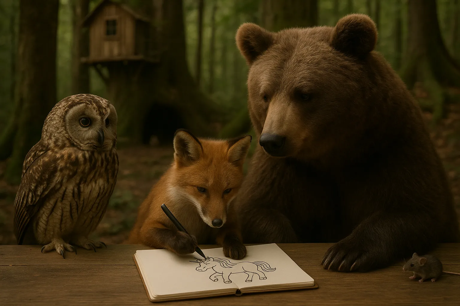 Bär, Eule und Fuchs malen ein Einhorn Ausmalbild
