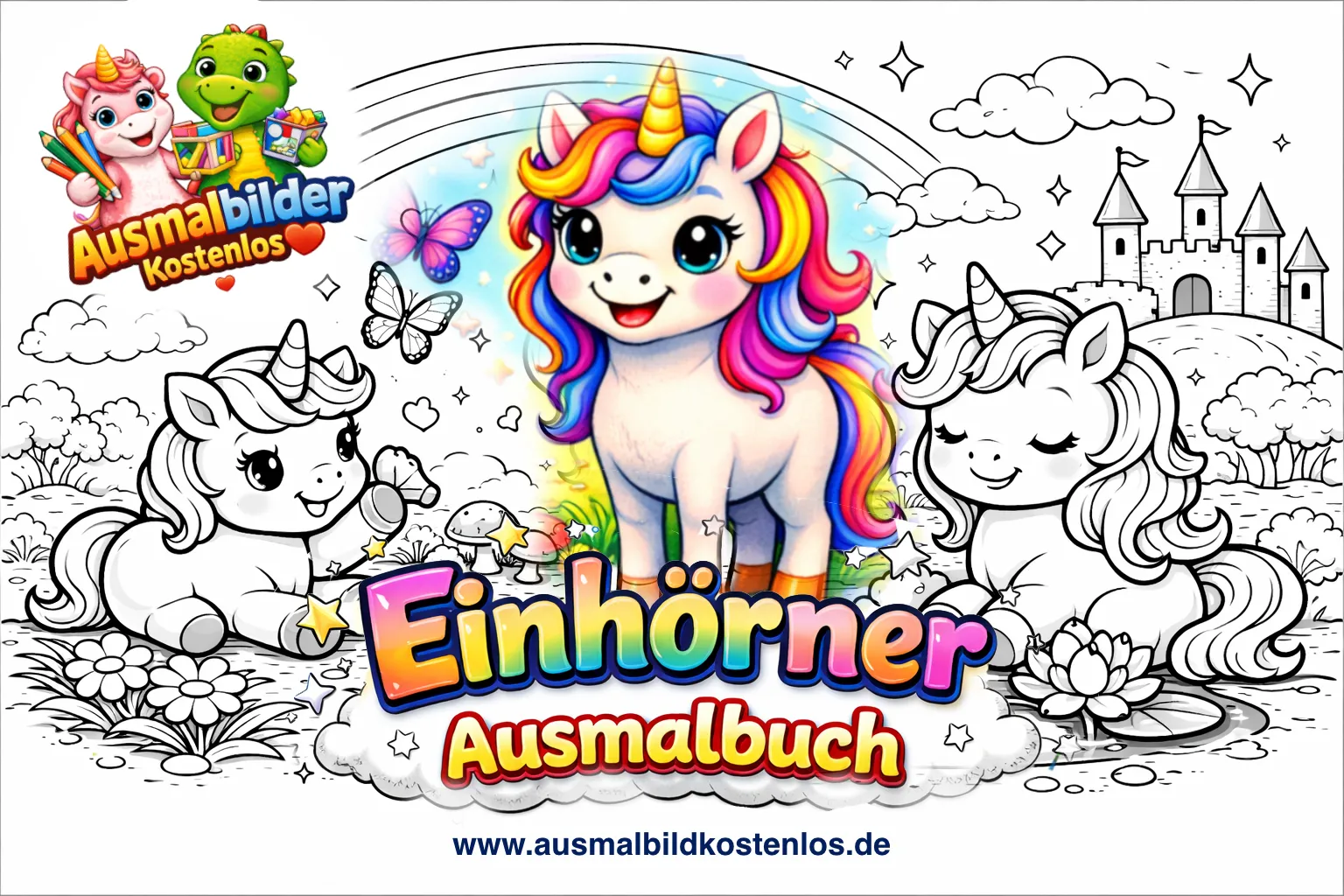 Prinzessin winkt, neben ihr ein Einhorn und ein kleiner Prinz vor einem Schloss mit Regenbogen und funkelnden Sternen