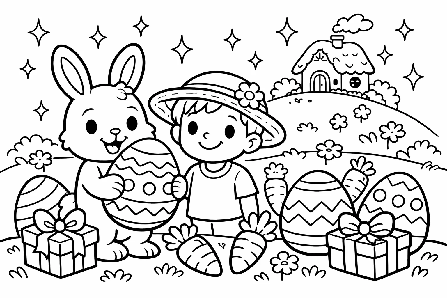 Osterhase und Kind mit großem Ei, umgeben von Eiern, Karotten, Geschenken, Frühlingswiese und kleinem Osterhaus.