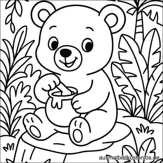 Baby Bär Honigtopf Blumen Ausmalbild