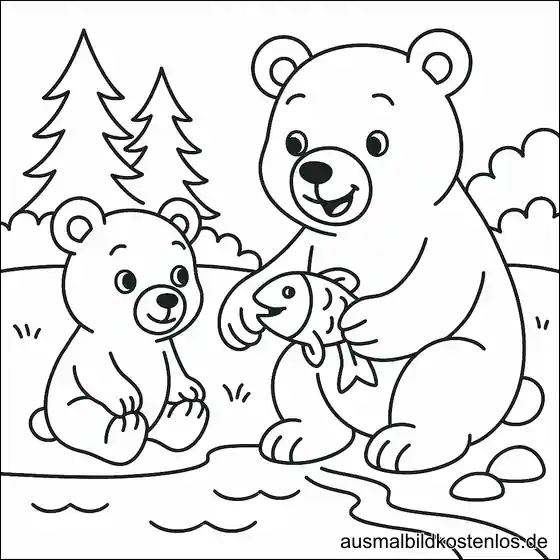 Bären fischen am See Malvorlage - Süßes Ausmalbild für Kinder