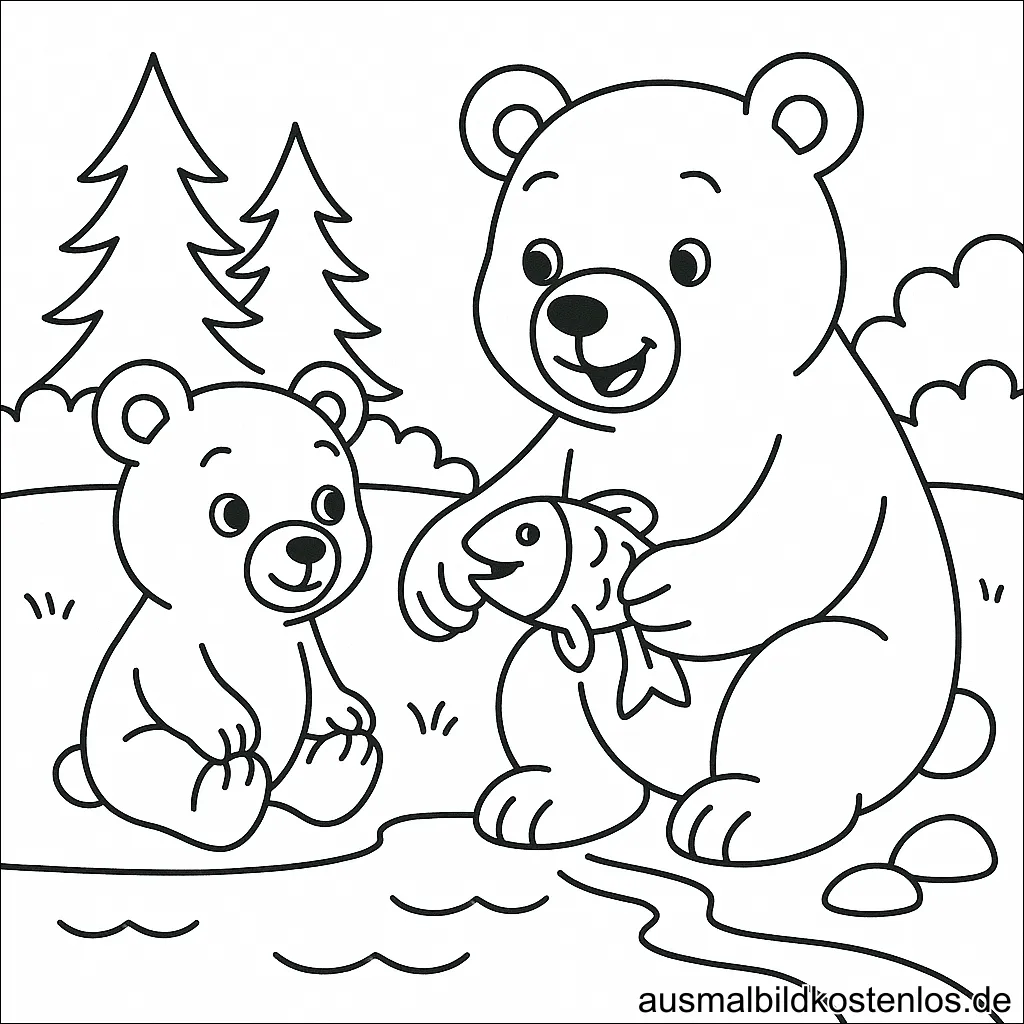 Malvorlage Bären fischen am See - Ausmalbild für Kinder
