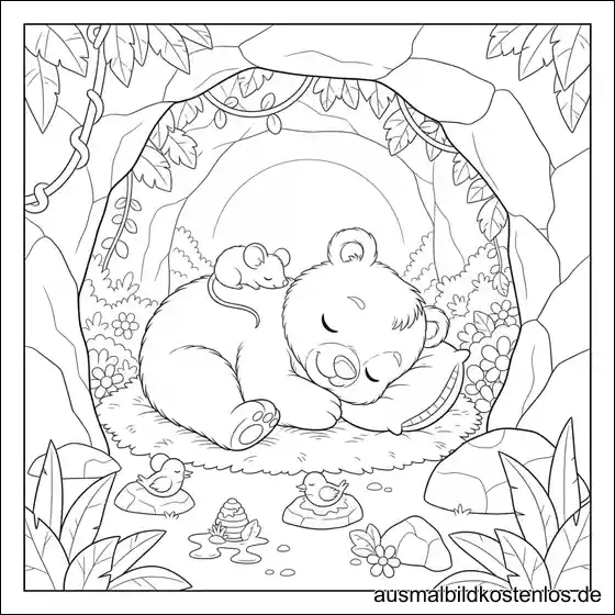 Ausmalbild Bär schläft in Höhle