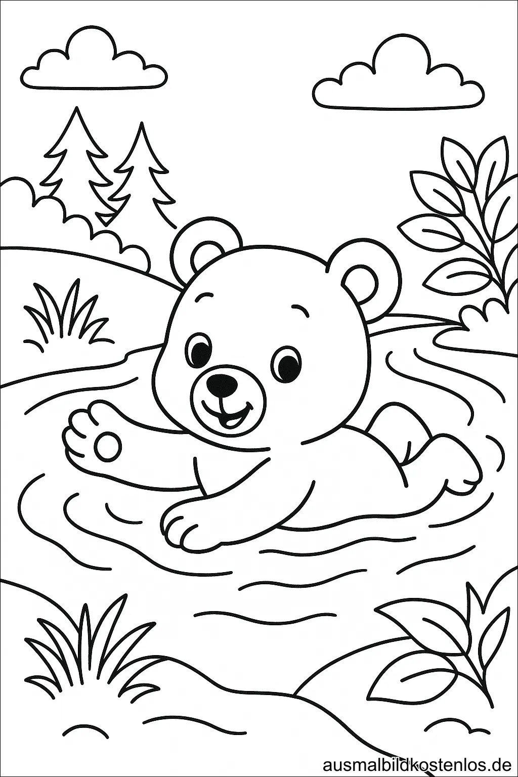 Bär Ausmalbild – Motiv Bär schwimmt im See kostenlos zum Herunterladen