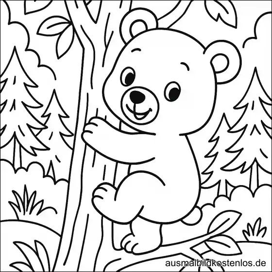 Ausmalbild Bär klettert Baum hoch  – Kostenlos zum Drucken