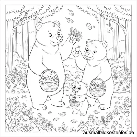 Bären Familie pflückt Äpfel Malvorlage Drucken