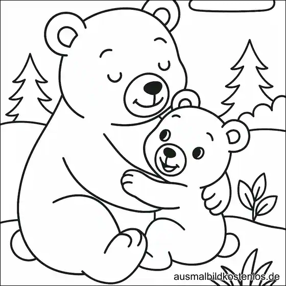 Baby Bär knuddelt mit Papa – Malvorlage für Kita