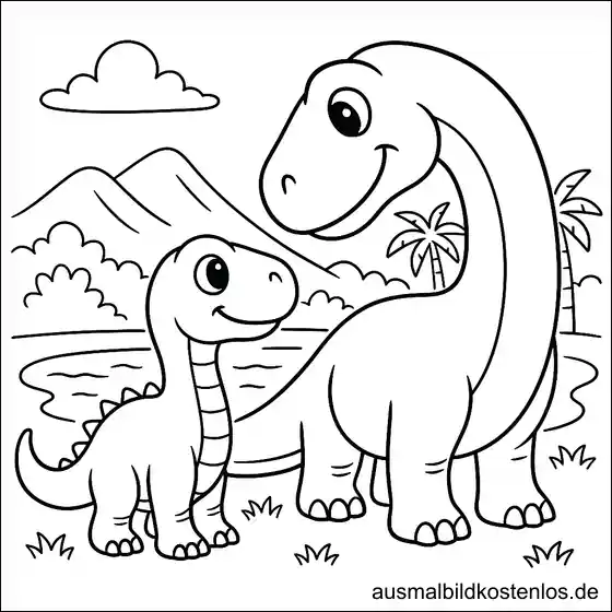 Ausmalbild Brachiosaurus mit Baby-Dino kostenlos