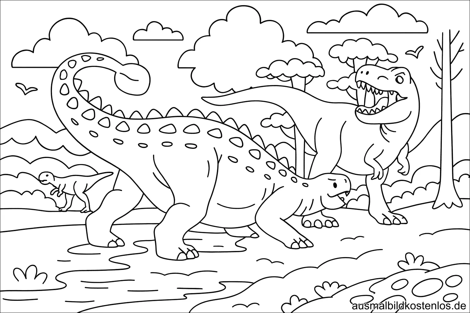 Ausmalbild T-Rex greift Stegosaurus an