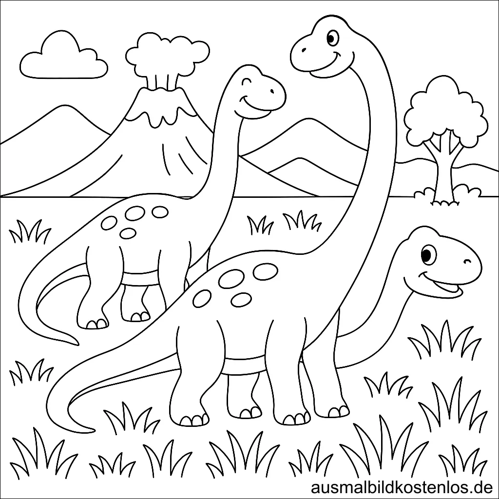 Brontosaurus drei Dinosaurier vor Vulkan - Kinder Ausmalbild