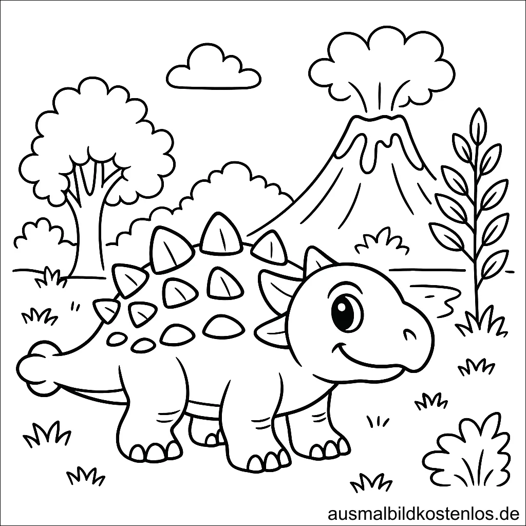Stegosaurus Malvorlage mit ausbrechendem Vulkan zum Ausmalen