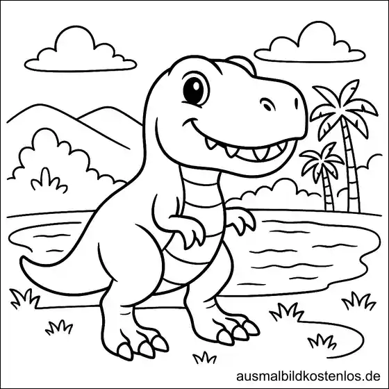 Ausmalbild Dinosaurier am See – Malvorlage kostenlos