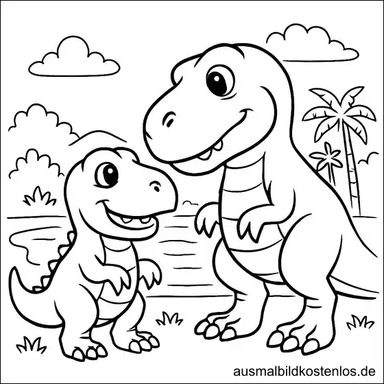 T-Rex Ausmalbild – Süße T-Rex Familie zum Ausmalen in der KiTa