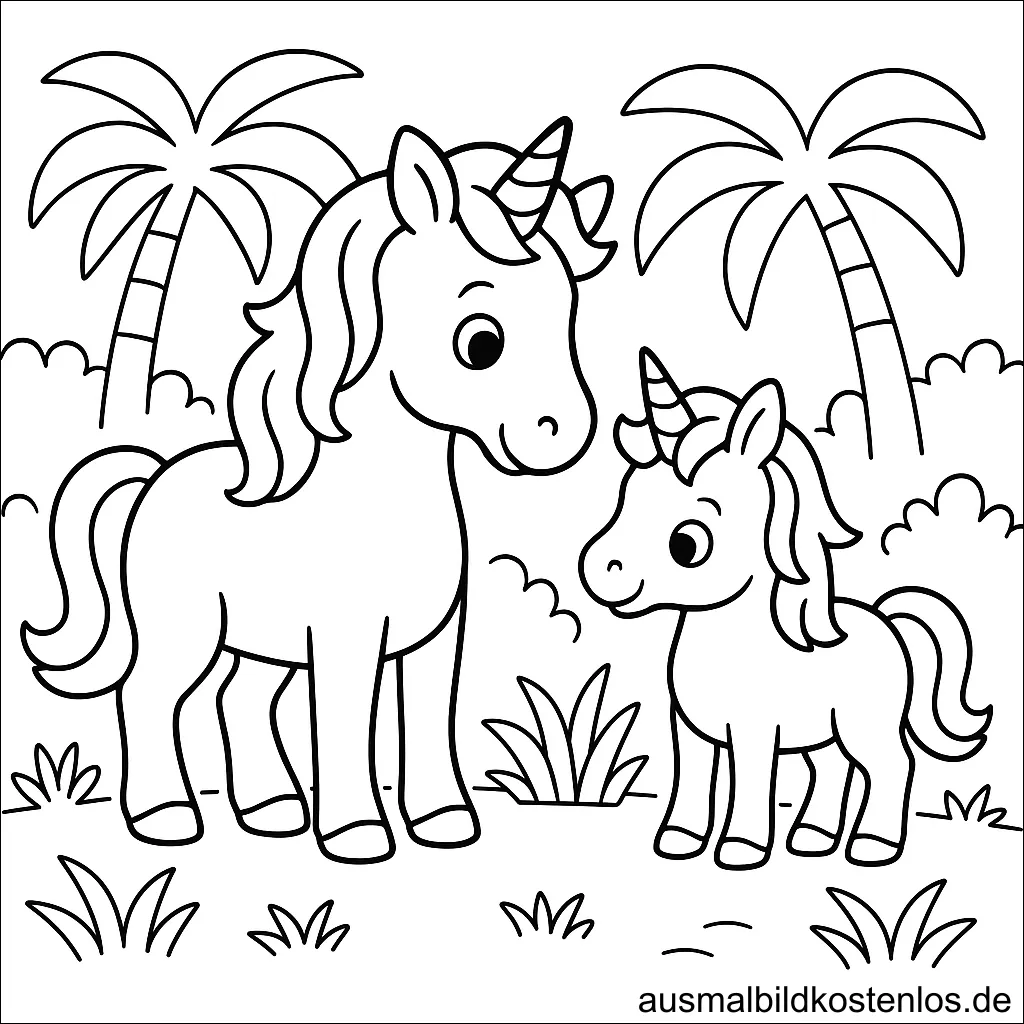 Ausmalbild Einhorn-Mama mit Einhorn-Kind auf Lichtung im Wald