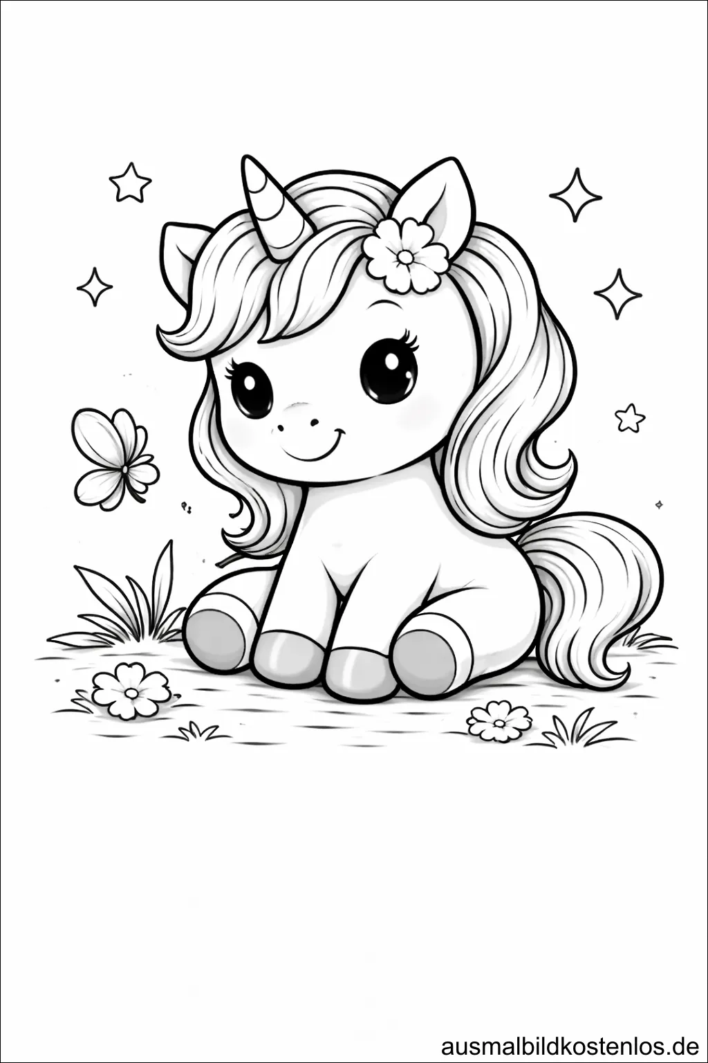 Ausmalbild Einhorn Blüte Schmetterling Sterne gratis