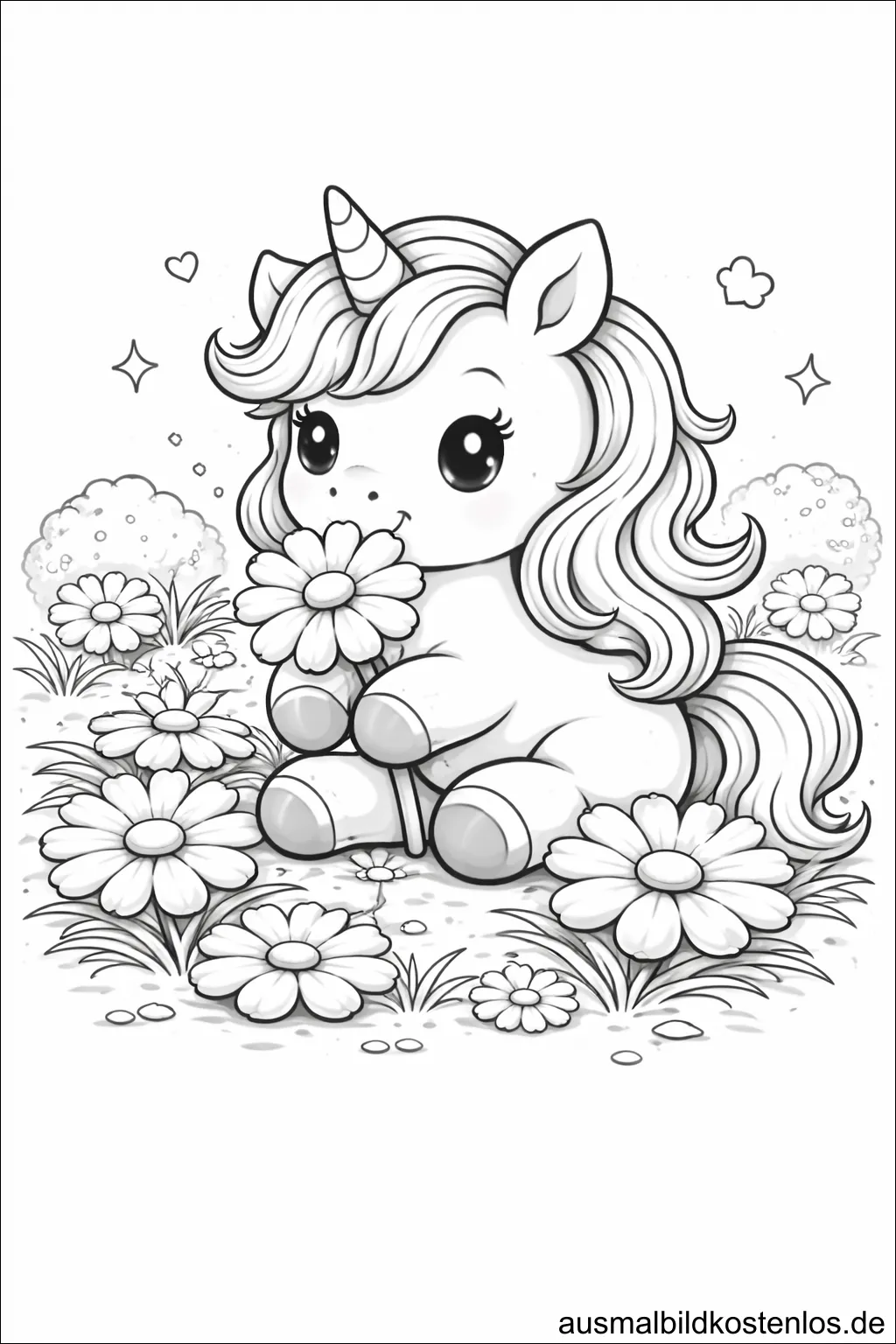 Einhorn auf der Blumenwiese - kostenlose Malvorlage