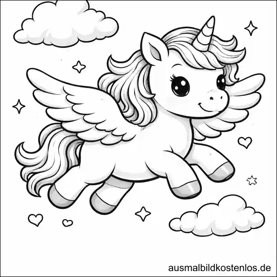 Gratis Ausmalbild fliegendes Einhorn Flügel Wolken Herzen