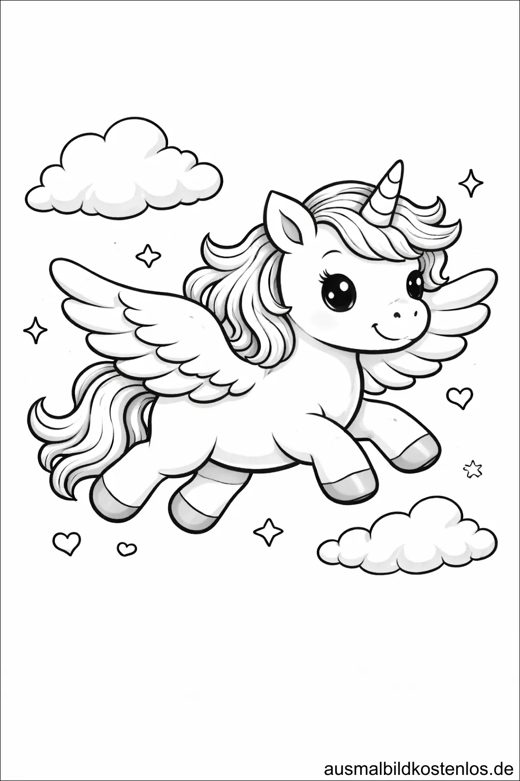 Gratis Ausmalbild fliegendes Einhorn Flügel Wolken Herzen