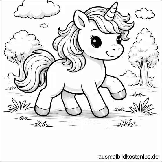 Gratis Ausmalbild Einhorn Frühlingswiese Wolken