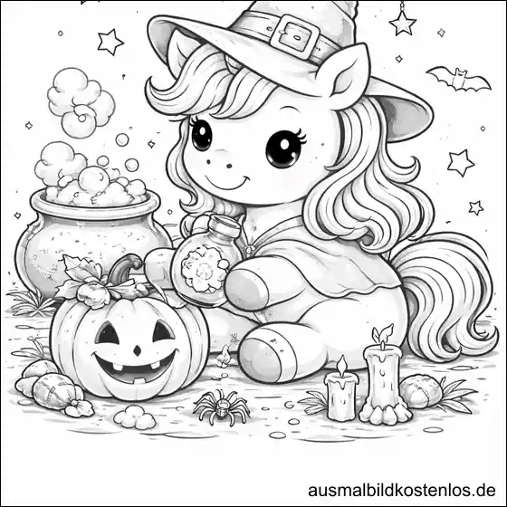 Halloween-Einhorn mit Hexenhut – kostenlose Malvorlage