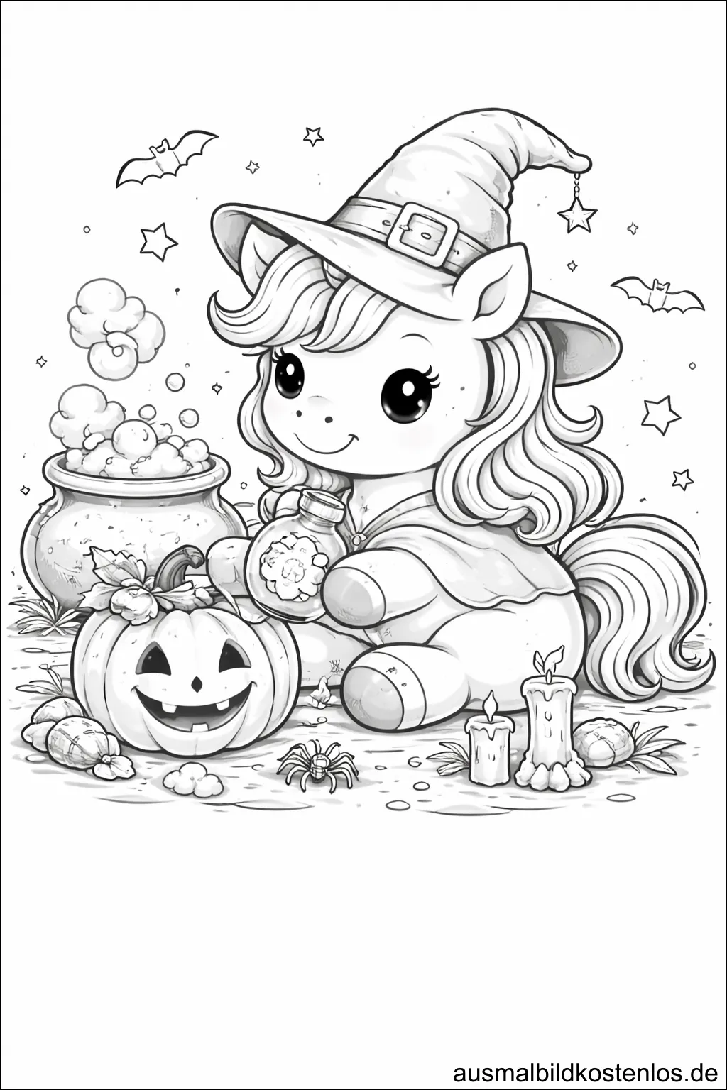 Halloween-Einhorn mit Hexenhut - kostenlose Malvorlage