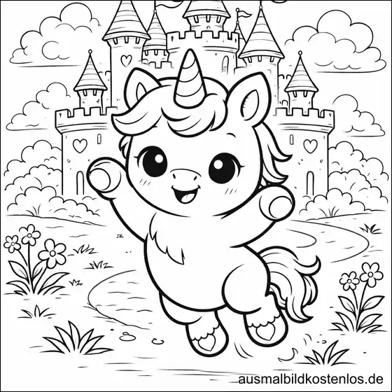 Gratis Malvorlage springendes Einhorn vor Schloss