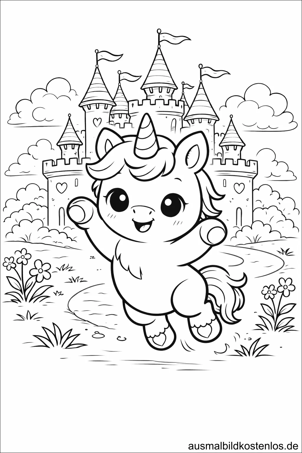 Gratis Ausmalbild fröhliches Einhorn