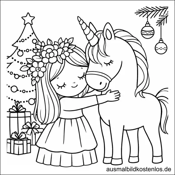 Einhorn und Mädchen zu Weihnachten - kostenlose Malvorlage
