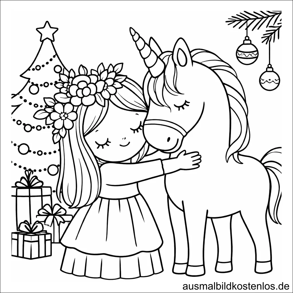 Einhorn und Mädchen zu Weihnachten - kostenlose Malvorlage