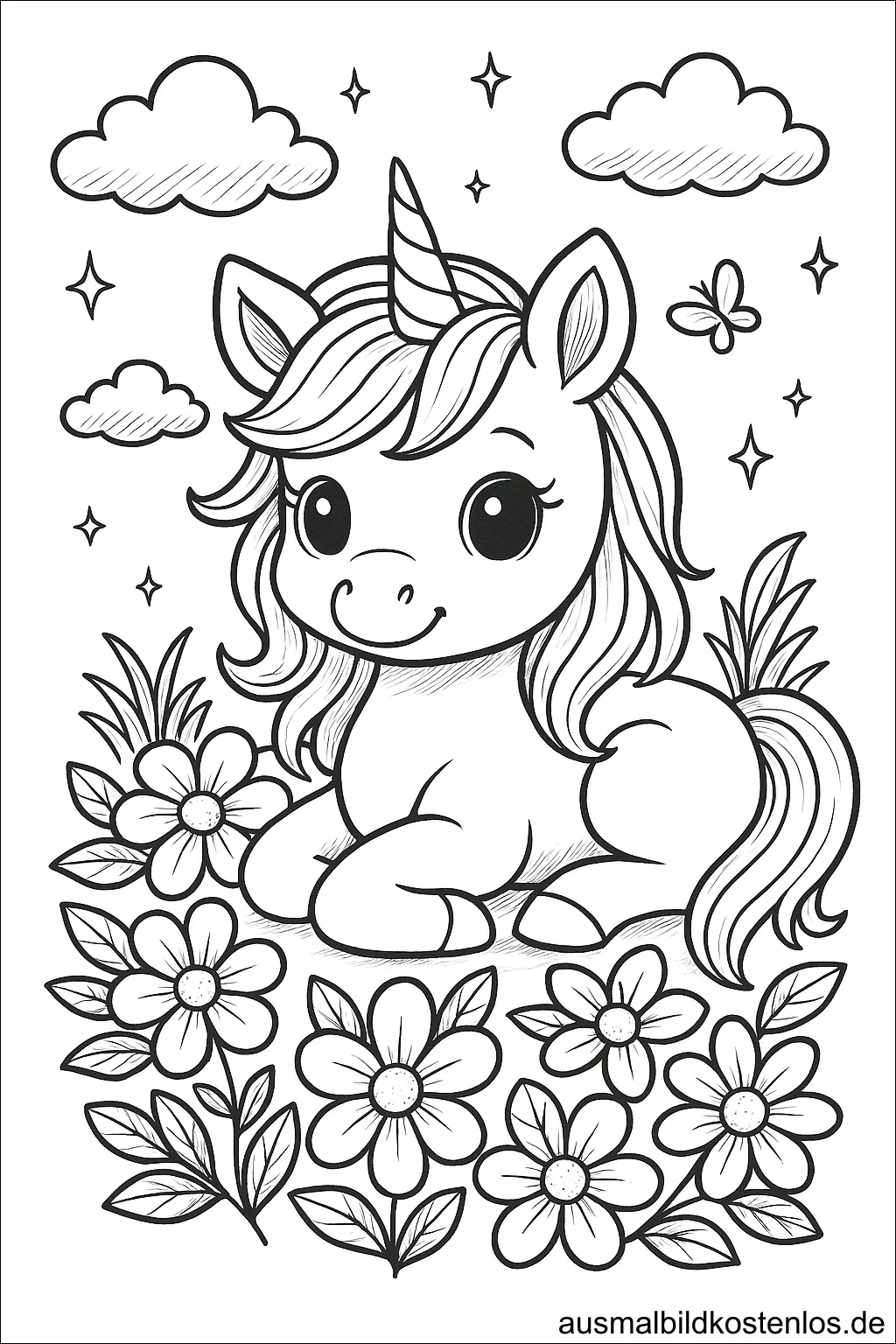 Einhorn mit Blumen Ausmalbild