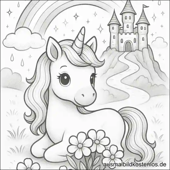 Einhorn mit Schloss & Regenbogen Ausmalbild