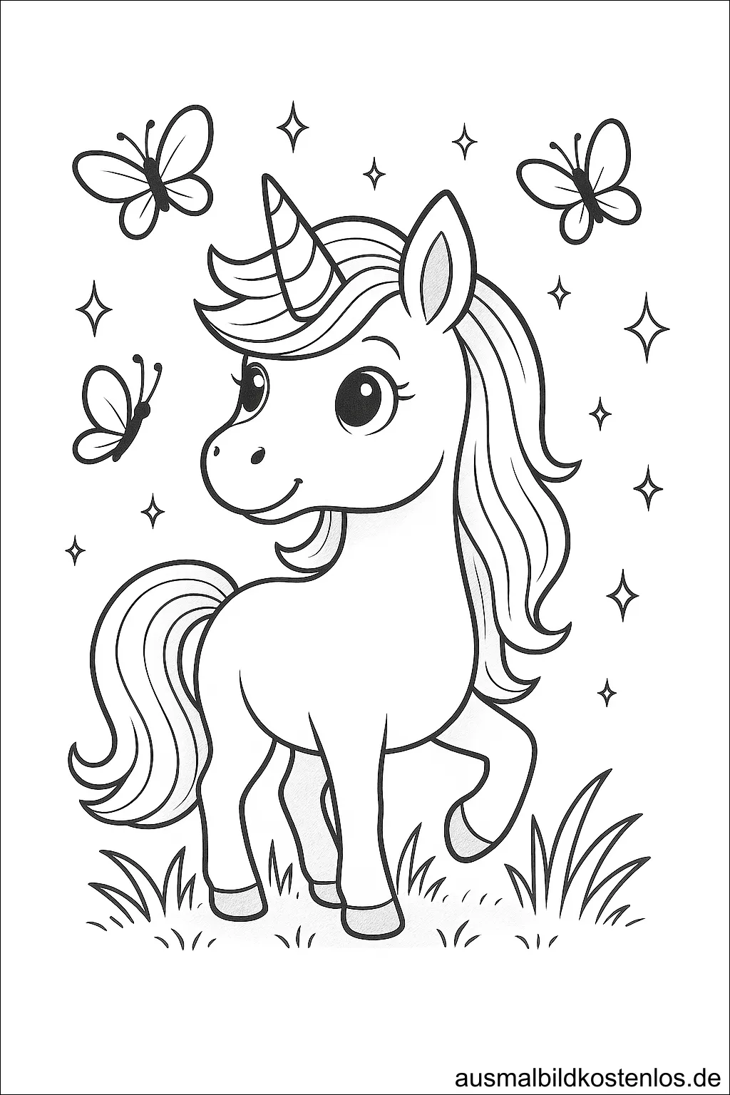 Einhorn mit Schmetterlingen Ausmalbild für Kinder