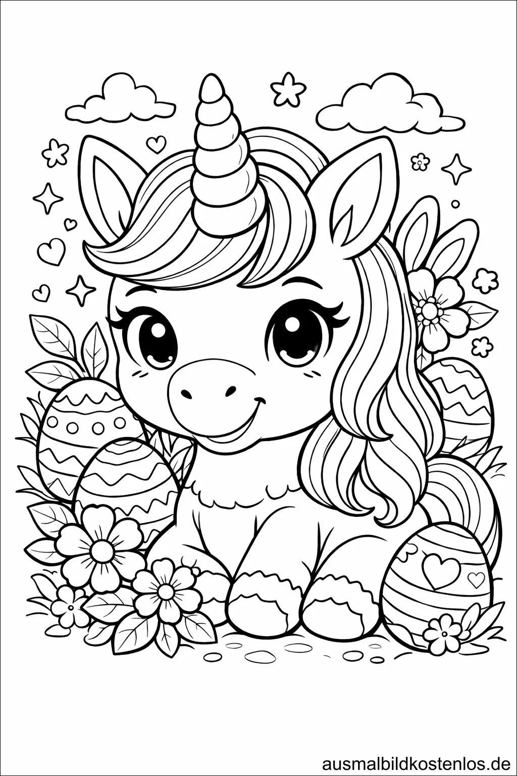 Osterhase mit Ostereiern - kostenlose Malvorlage