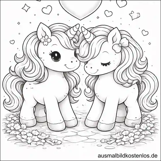 Kostenlose Malvorlage: Zwei Einhörner mit Herz