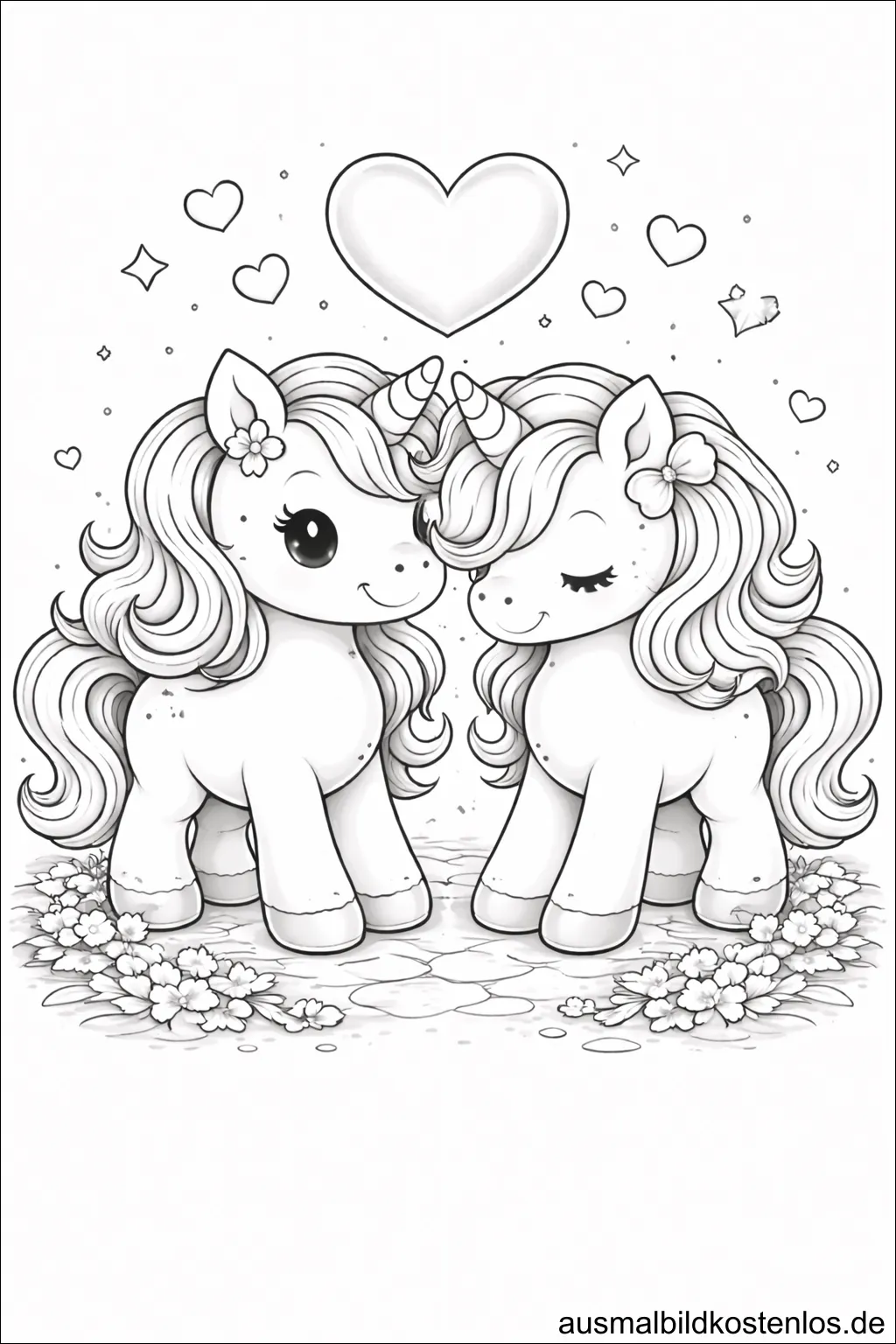 Kostenlose Malvorlage: Zwei Einhörner mit Herz