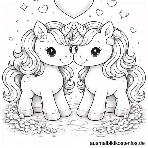 Zwei Einhörner mit Herz – kostenlose Malvorlage