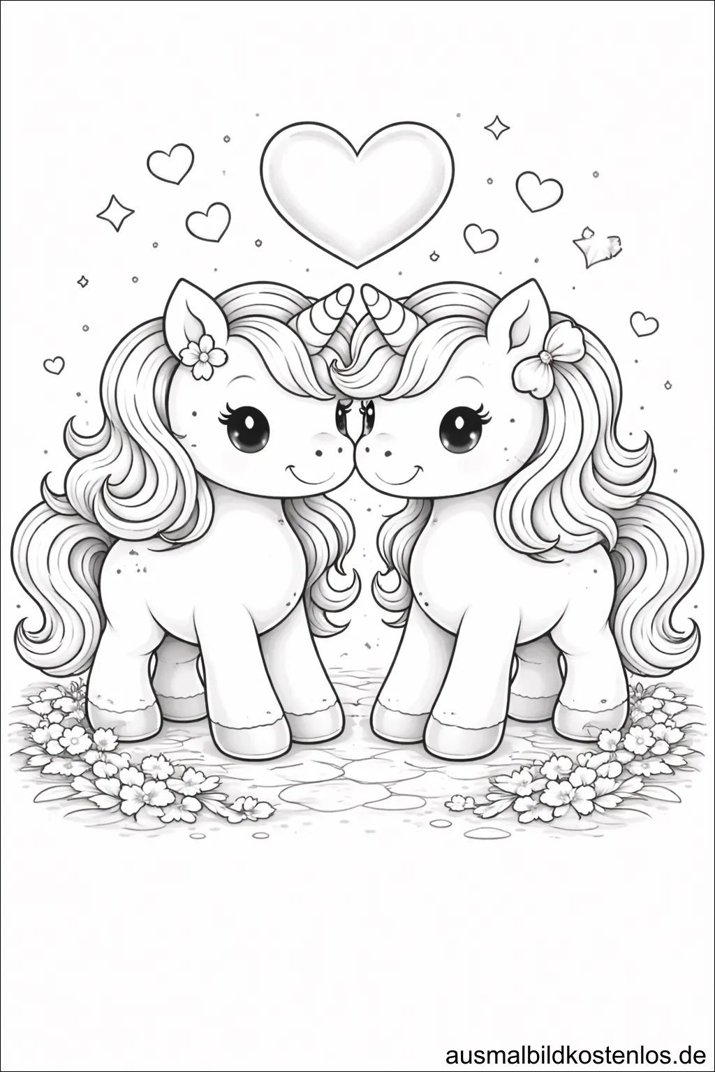 Zwei Einhörner mit Herz – kostenlose Malvorlage