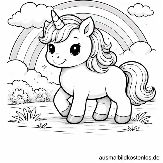 Ausmalbild Einhorn Regenbogen Blumenwiese kostenlos