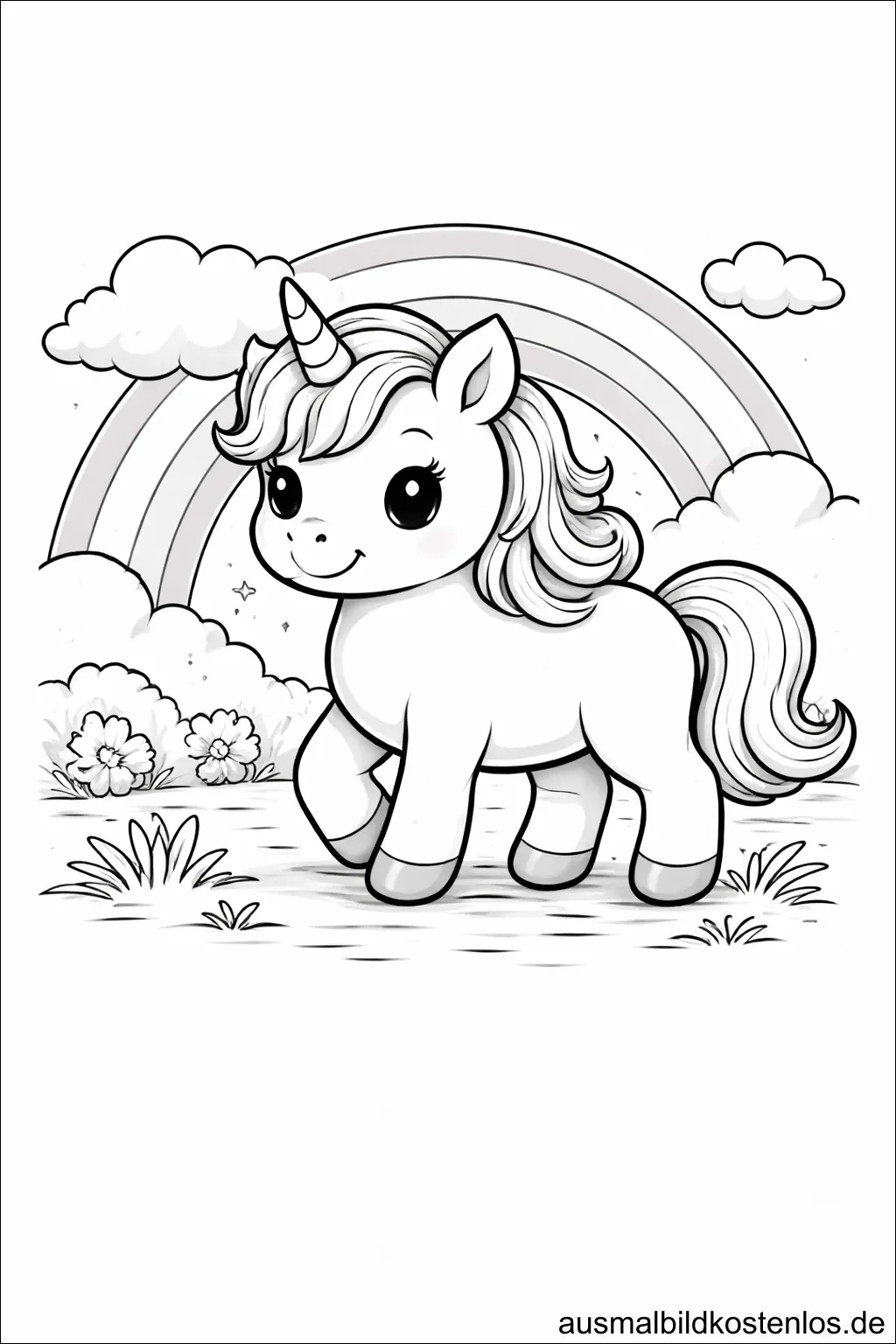 Ausmalbild Einhorn Regenbogen Blumenwiese kostenlos