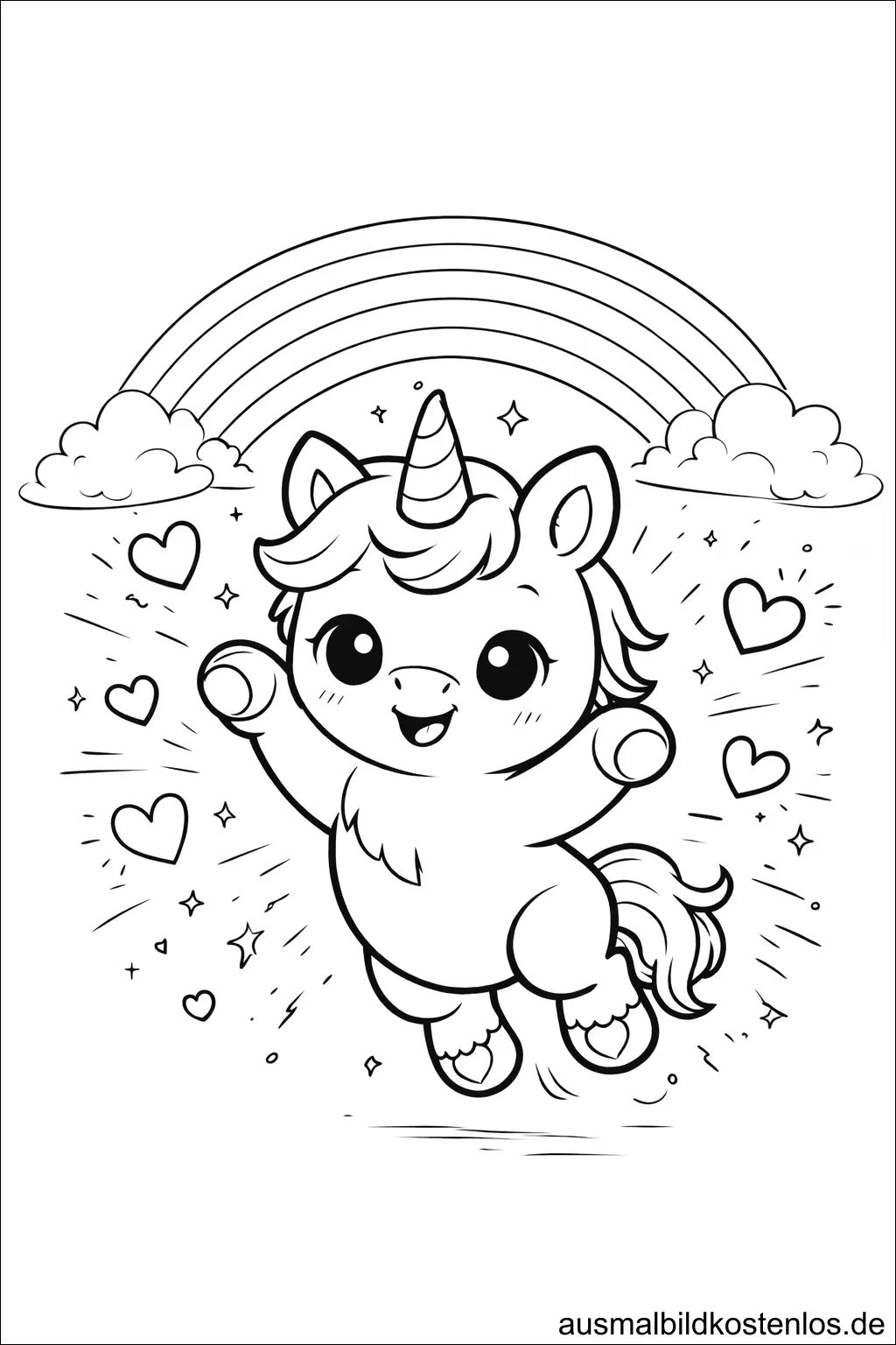 Kostenloses Einhorn-Ausmalbild mit Regenbogen