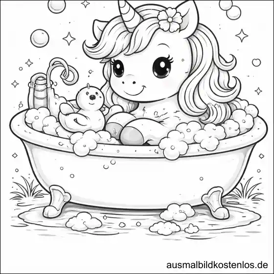 Einhorn in der Badewanne – gratis Ausmalbild