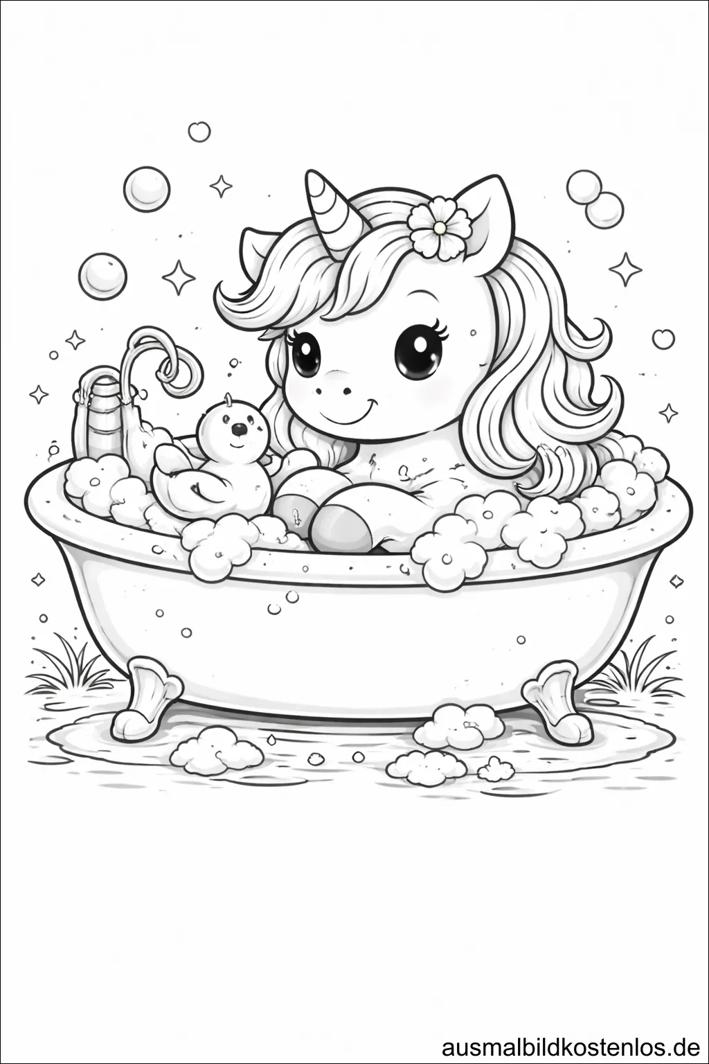 Einhorn in der Badewanne - gratis Ausmalbild