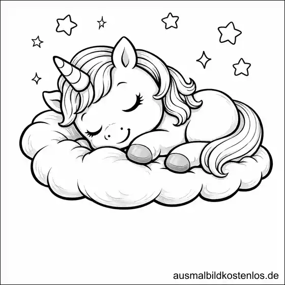 Ausmalbild schlafendes Einhorn Wolke Sterne kostenlos