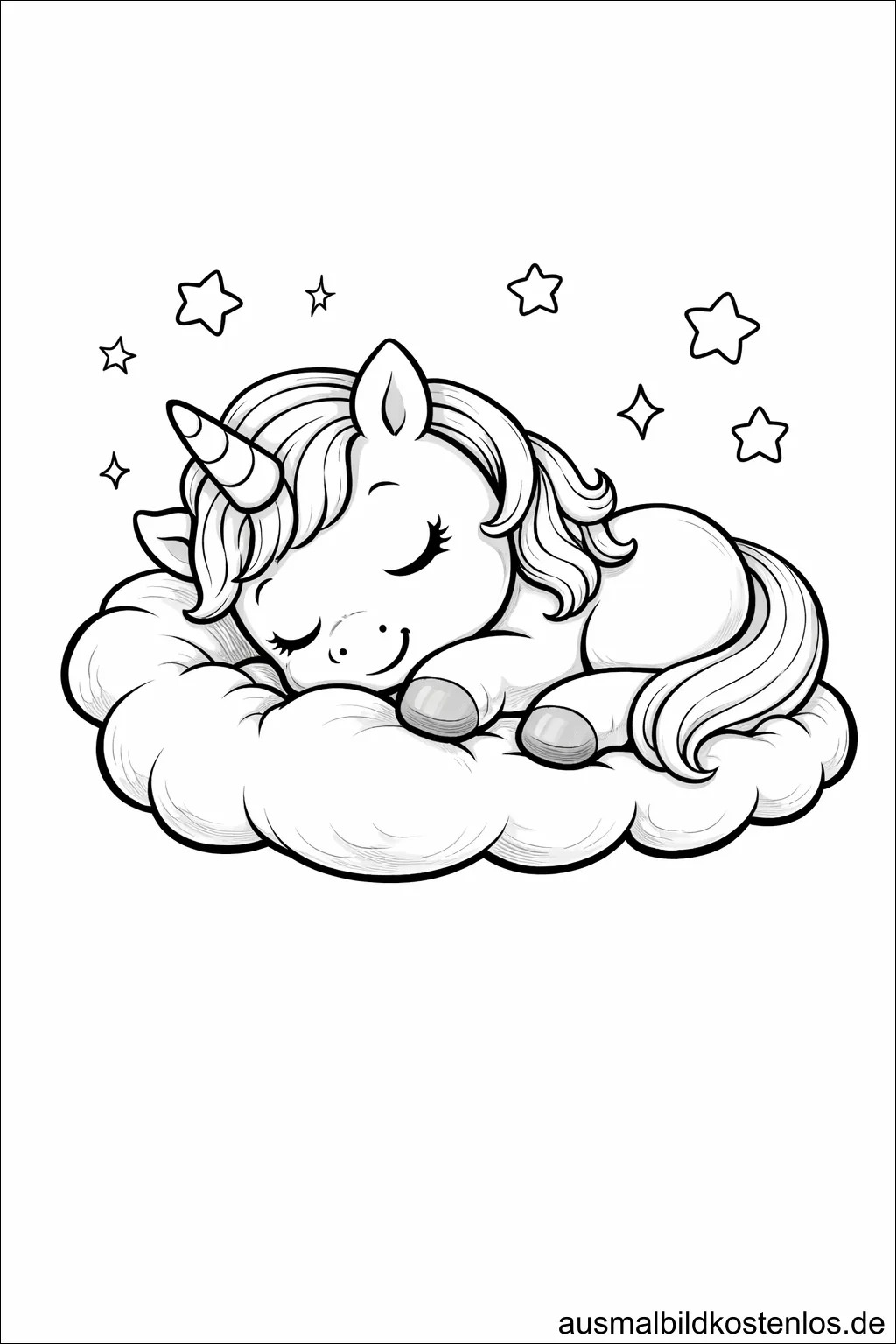 Ausmalbild schlafendes Einhorn Wolke Sterne kostenlos
