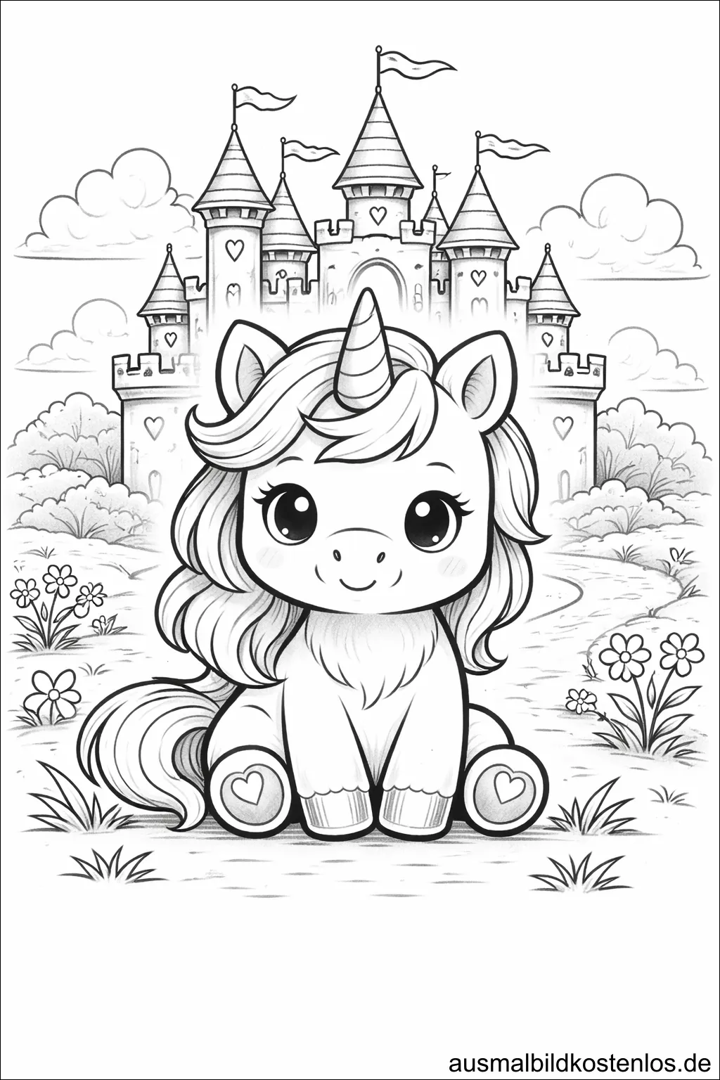Kostenloses Einhorn-Ausmalbild mit Schloss