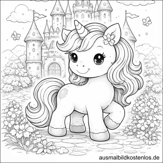 Einhorn im Schlossgarten – gratis Märchen-Malvorlage