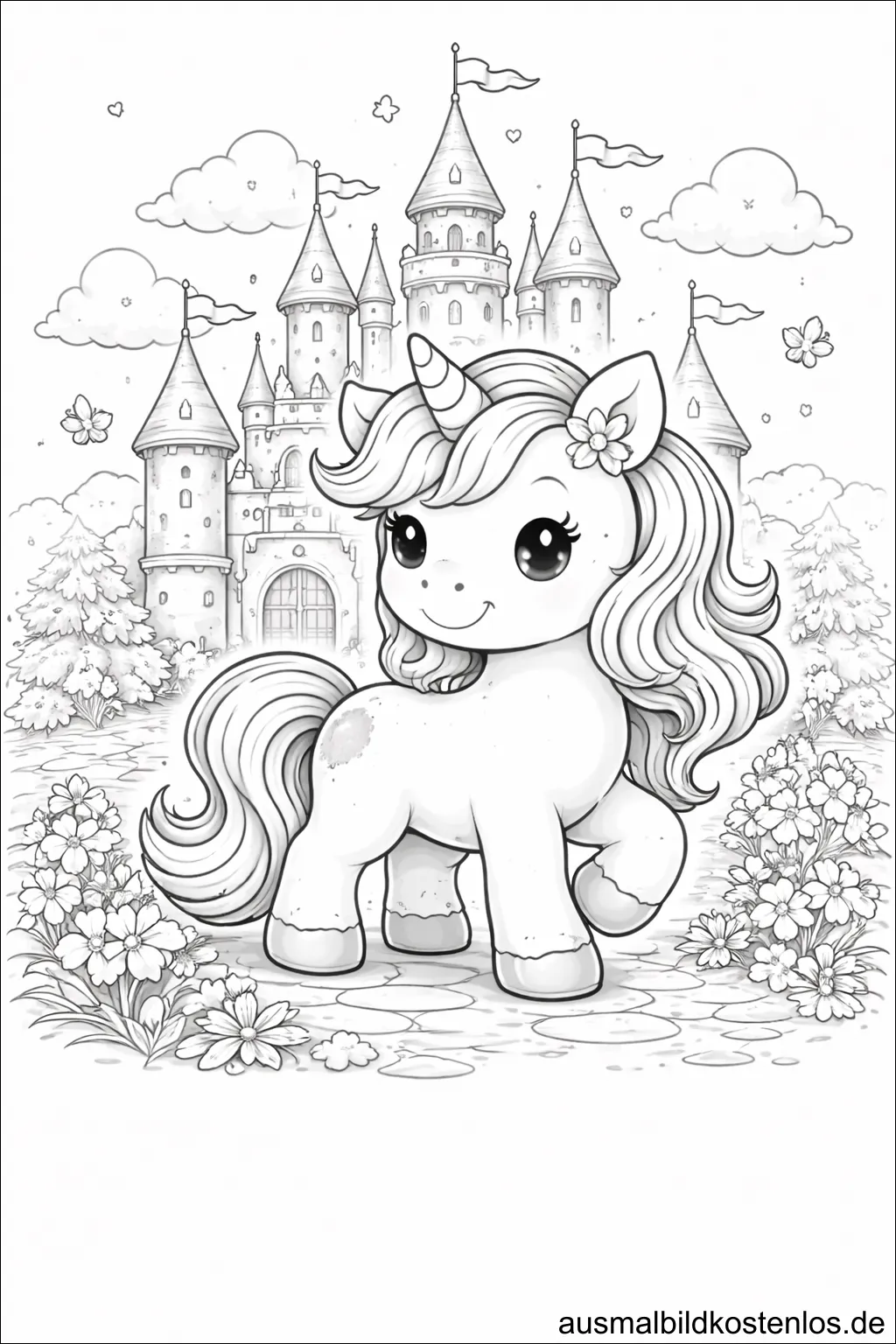 Einhorn im Schlossgarten – gratis Märchen-Malvorlage