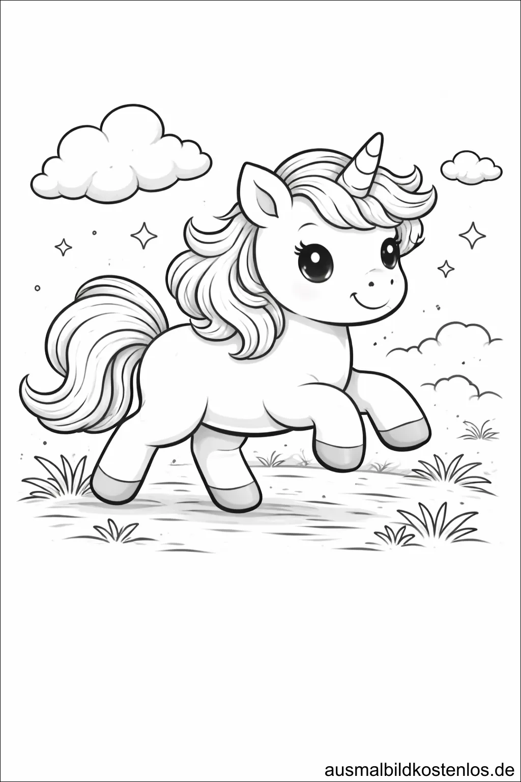 Gratis Ausmalbild Einhorn Sprung Wolken Glitzer