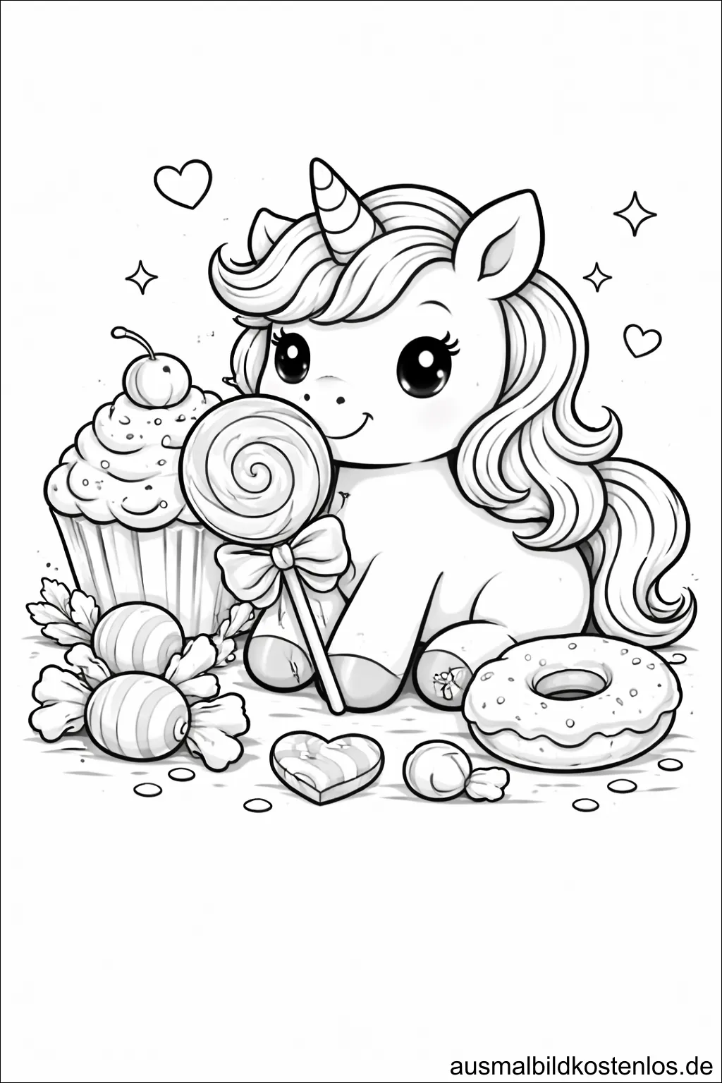 Süßes Einhorn mit Naschereien – gratis Ausmalbild