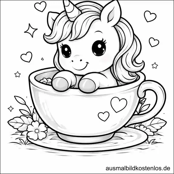 Ausmalbild Einhorn Teetasse Herzen kostenlos